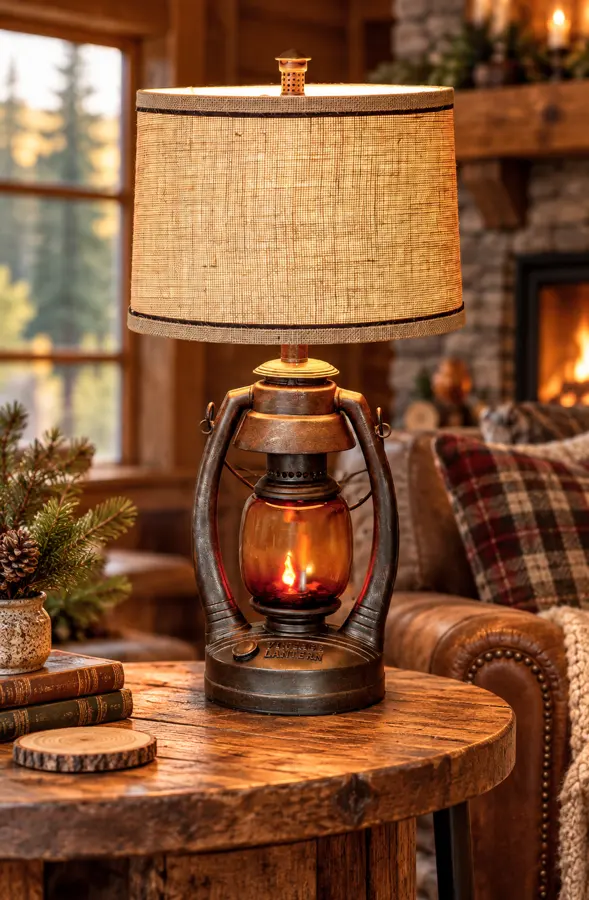 Ember Trail Bronze Lantern Table Lamp in a rustic cabin