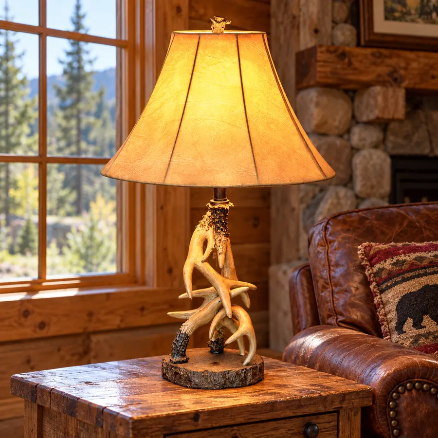Woodland Antler Table Lamp in a rustic cabin