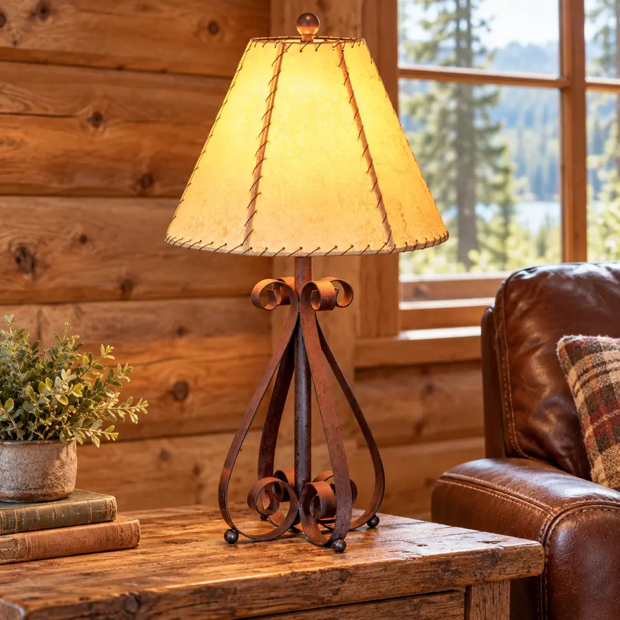 Fireside Scroll Table Lamps — Set of 2 in a rustic cabin