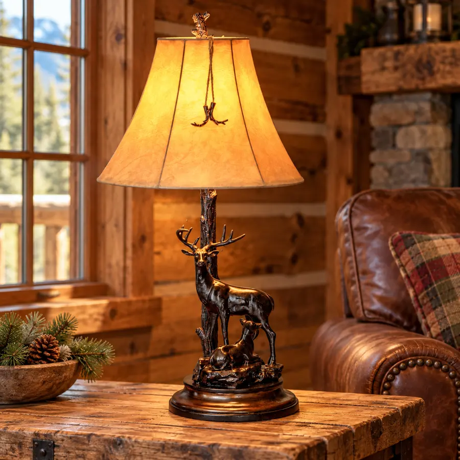 Deer Meadow Table Lamp in a rustic cabin