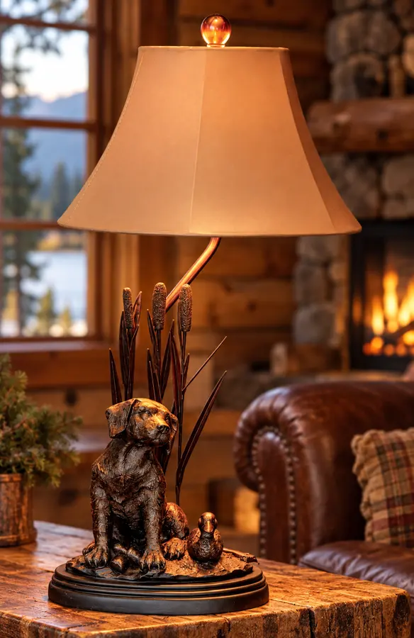 Loyal Trail Labrador Table Lamp in a rustic cabin