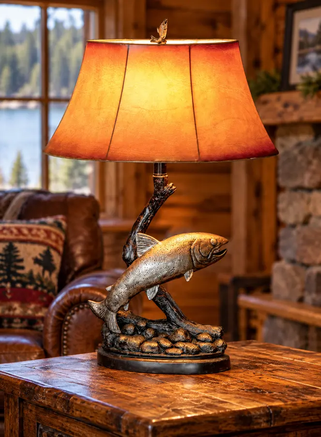 Trout Run Table Lamp in a rustic cabin