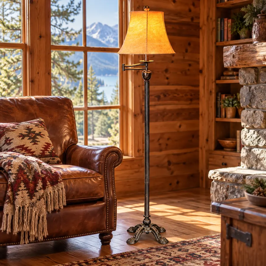 Highland Arch Floor Lamp in a rustic cabin