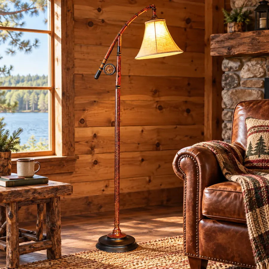 Angler Bend Floor Lamp in a rustic cabin