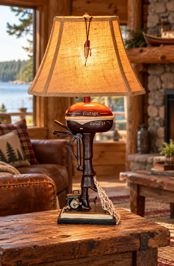 Lakehaven Motor Table Lamp in a rustic cabin