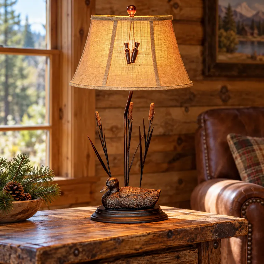 Marsh Flight Table Lamp in a rustic cabin