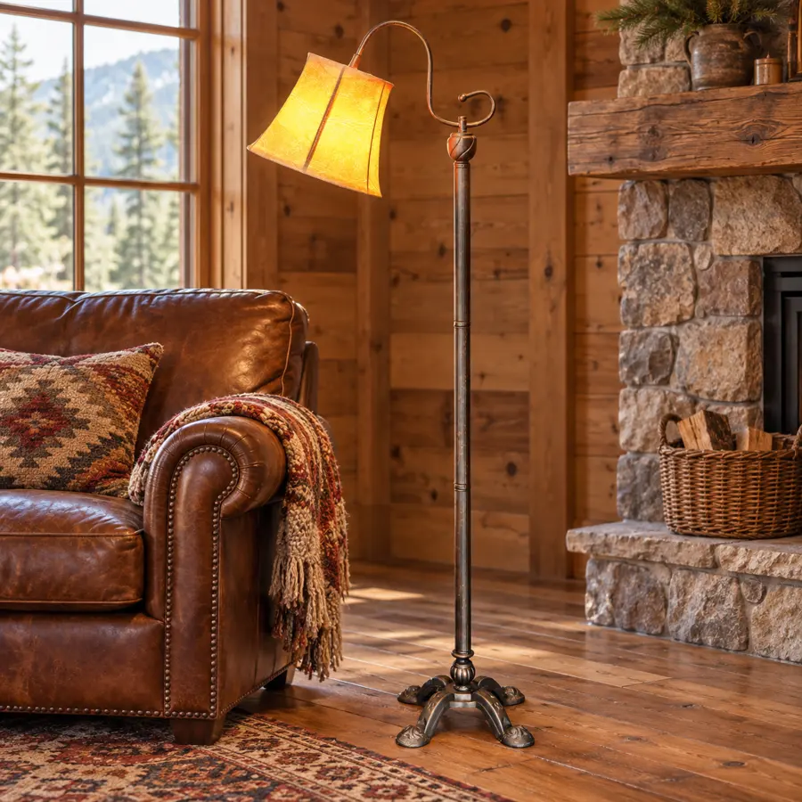 Forest Trail Reading Floor Lamp in a rustic cabin
