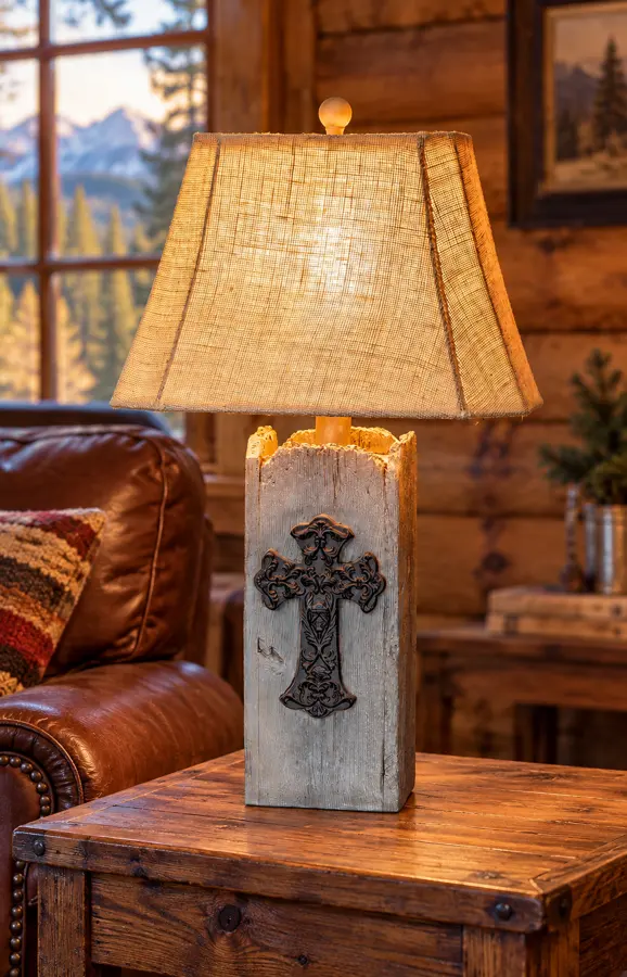 Chapel Timber Table Lamp in a rustic cabin