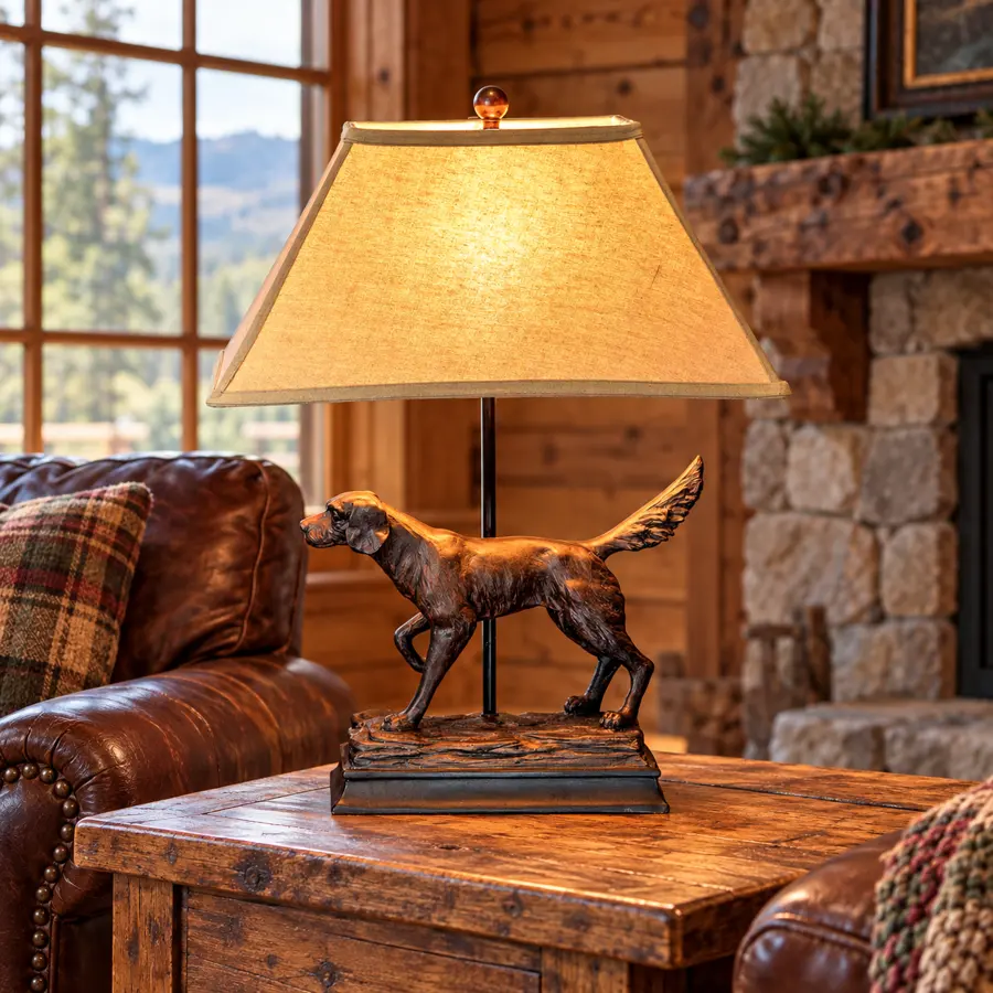Fieldwatch Dog Table Lamp in a rustic cabin