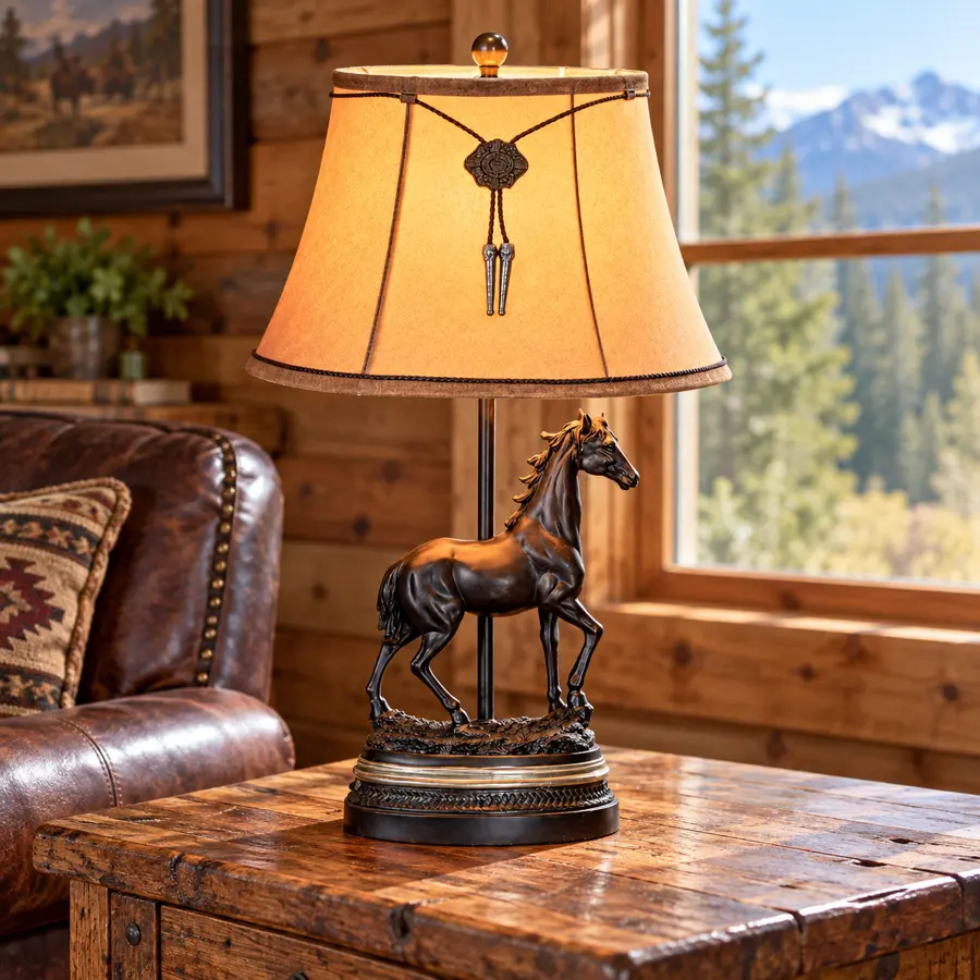 Saddle Creek Horse Table Lamp in a rustic cabin