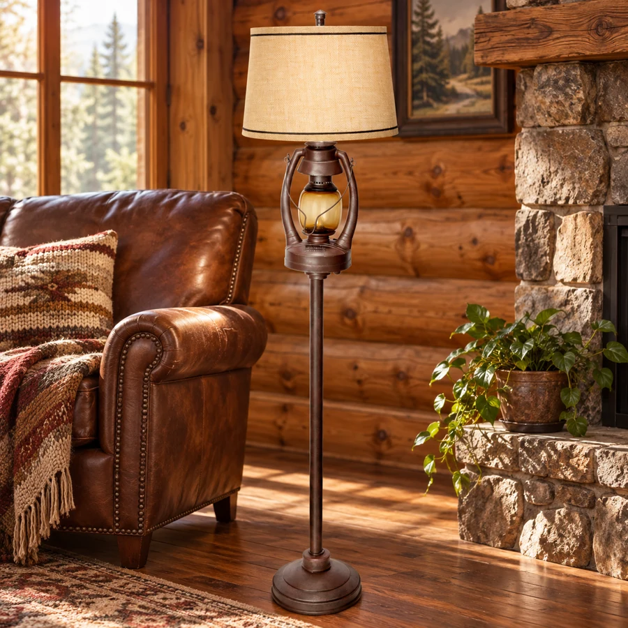 Rustic Lantern Floor Lamp in a cabin