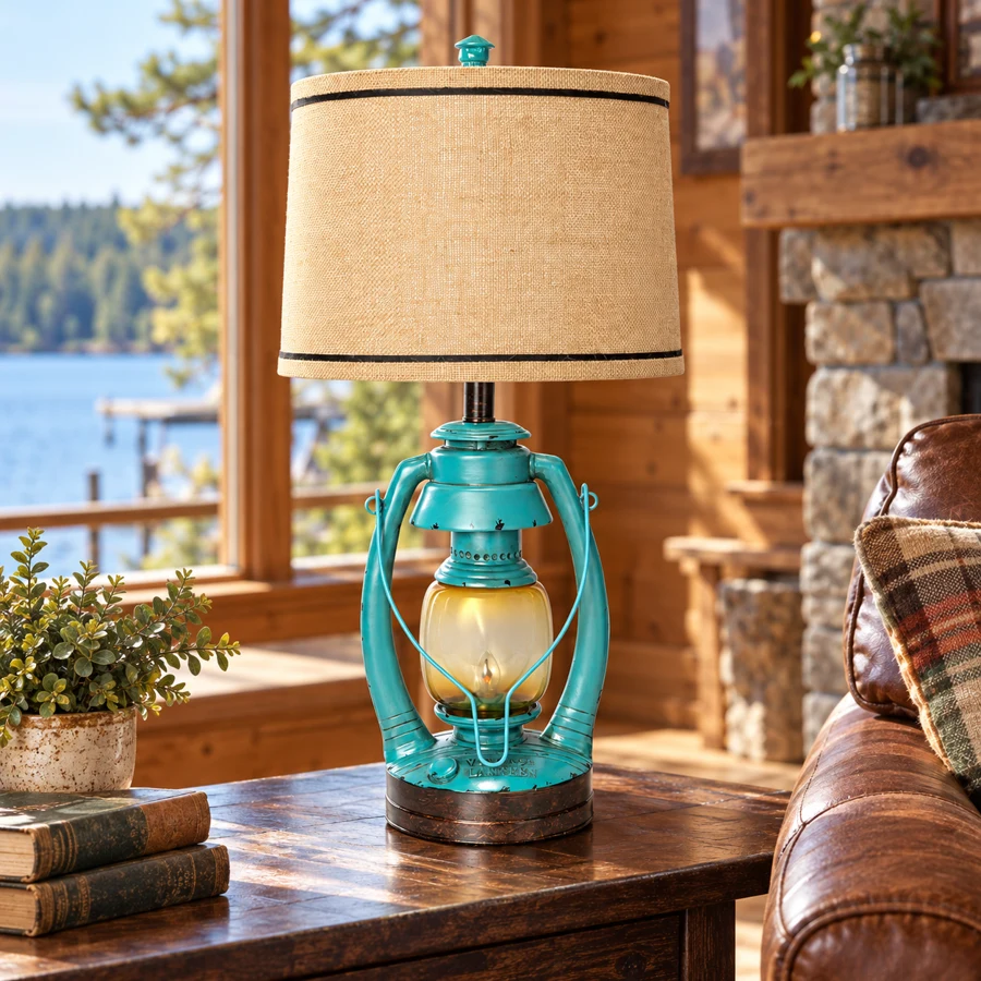Turquoise Lantern Table Lamp in a cabin
