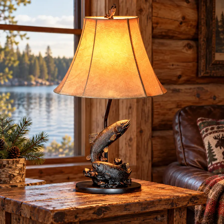 River Rise Fish Table Lamp in a rustic cabin
