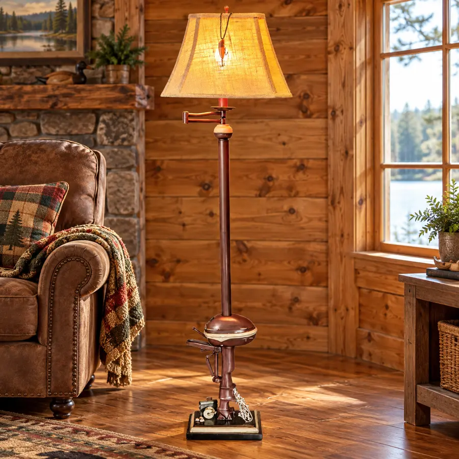 Lakehaven Motor Floor Lamp in a rustic cabin