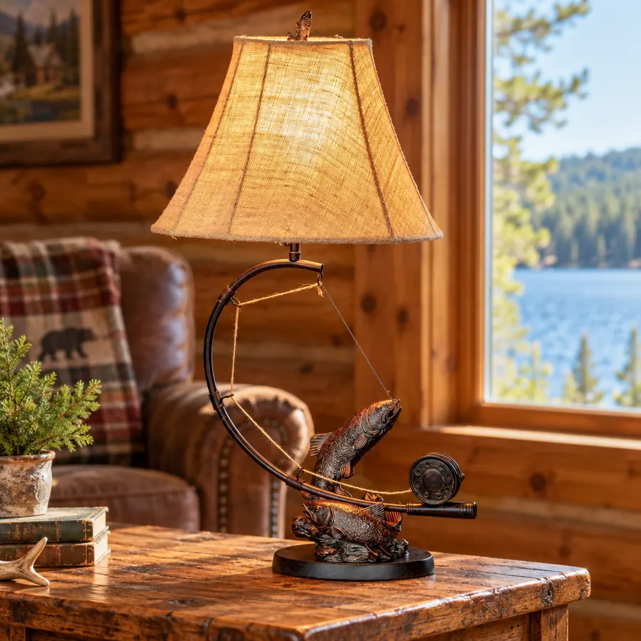 Flywater Bend Table Lamp in a rustic cabin