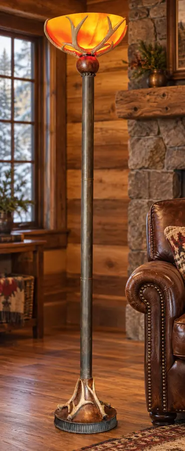 Timber Crown Antler Torchiere Floor Lamp in a rustic cabin