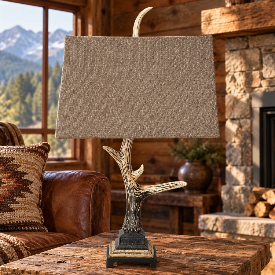 Single-Tine Antler Table Lamp in a cabin