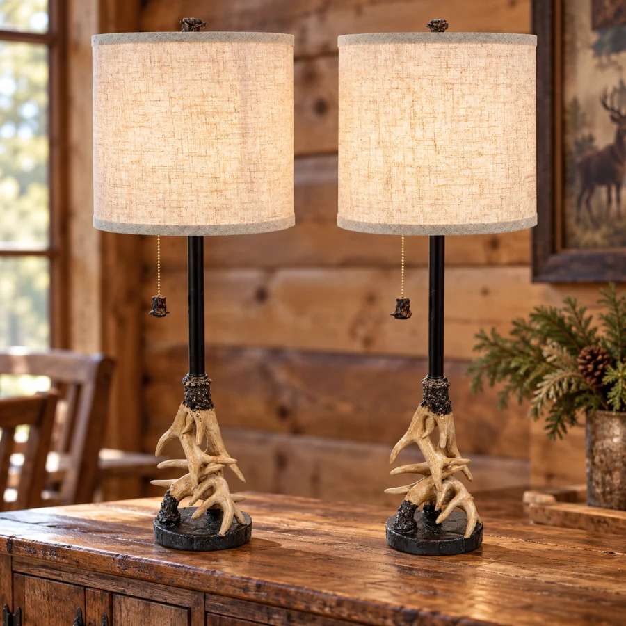 Antler Grasp Buffet Lamps — Set of 2 in a cabin